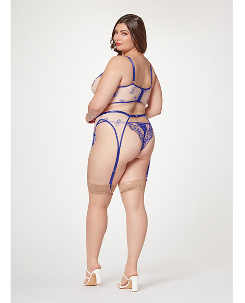 Sheer Stretch Mesh W/floral Contrast Embroidery Bustier, Garter Belt & Thong Blue/nude