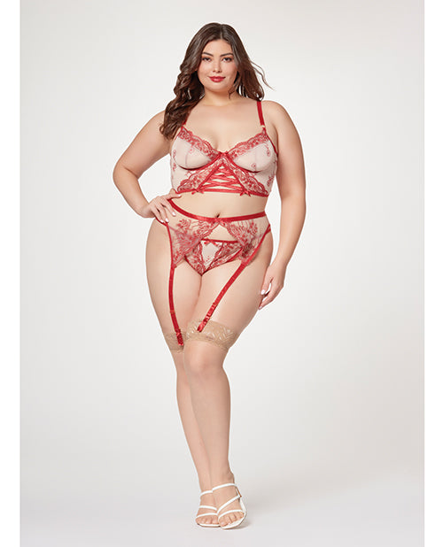 Sheer Stretch Mesh W/floral Contrast Embroidery Bustier, Garter Belt & Thong Red/nude