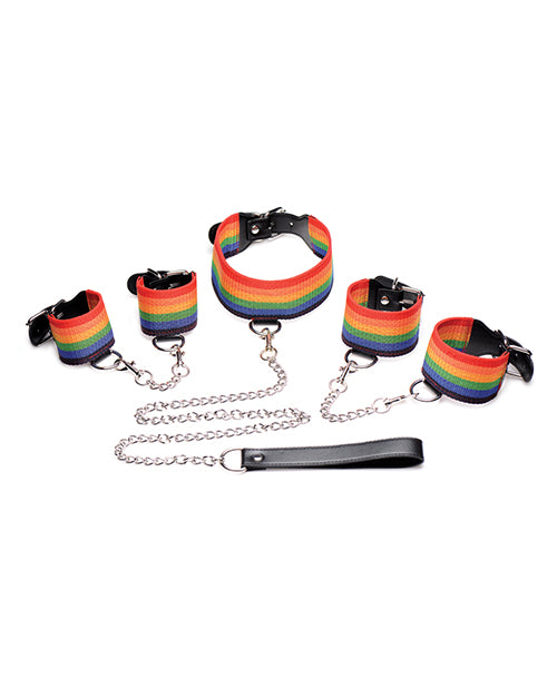No Eta Master Series Kinky Pride Rainbow Bondage Set - Wrist & Ankle Cuffs & Collar W-leash - Casual Toys