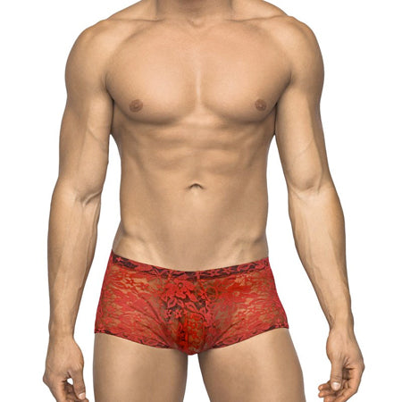 Male Power Stretch Lace Mini Short Red Small - Casual Toys