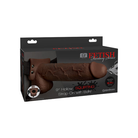 Fetish Fantasy 9in Hollow Squirting Strap-On with Balls, Brown - Casual Toys