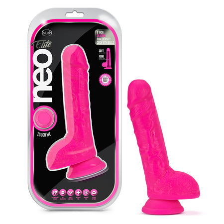 Blush Neo Elite 9 in. Silicone Dual Density Dildo with Balls & Suction Cup Neon Pink