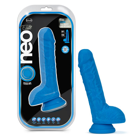 Blush Neo Elite 9 in. Silicone Dual Density Dildo with Balls & Suction Cup Neon Blue