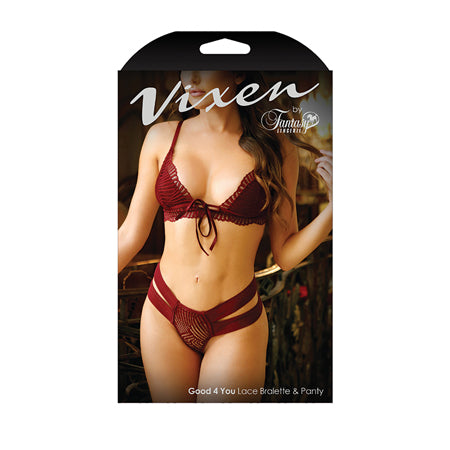 Vixen Good 4 You Lace Triangle Bralette & Matching Panty With Double-Strap Waistband Burgundy O-S - Casual Toys