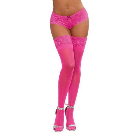 Dreamgirl Neon Pink Sheer Thigh-High Stockings With Silicone Lace Top Pink OS - Casual Toys