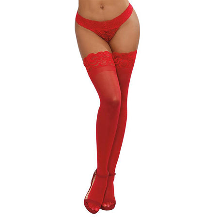 Dreamgirl Sheer Thigh-High Stockings with Silicone Lace Top Red OS - Casual Toys