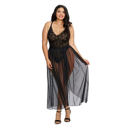 Dreamgirl Plus-Size Stretch Lace Teddy & Sheer Mesh Maxi Skirt With Adjustable Straps & G-String Black Queen 1X Hanging - Casual Toys