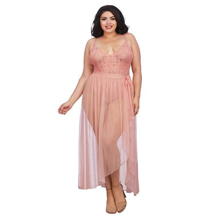 Dreamgirl Plus-Size Stretch Lace Teddy & Sheer Mesh Maxi Skirt With Adjustable Straps & G-String Rose Queen 1X Hanging - Casual Toys