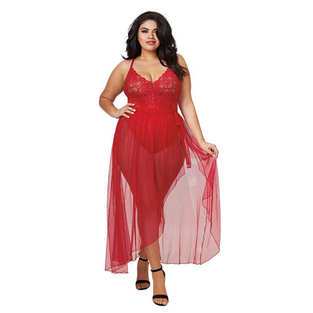 Dreamgirl Plus-Size Stretch Lace Teddy & Sheer Mesh Maxi Skirt With Adjustable Straps & G-String Rouge Queen 2X Hanging - Casual Toys
