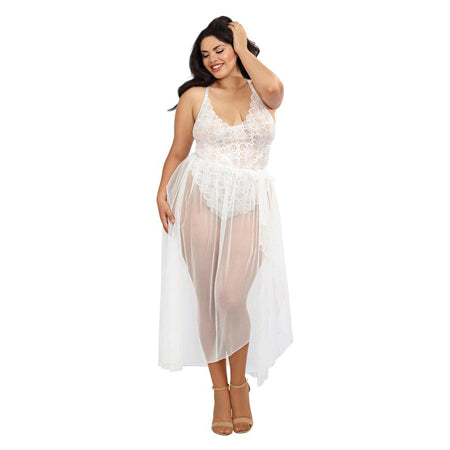 Dreamgirl Plus-Size Stretch Lace Teddy & Sheer Mesh Maxi Skirt With Adjustable Straps & G-String White Queen 2X Hanging - Casual Toys