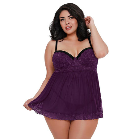 Dreamgirl Plus-Size Stretch Mesh and Lace Babydoll With Underwire Push-Up Cups, G-String, and Lace Overlay Plum Queen 1X Hanging - Casual Toys
