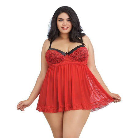 Dreamgirl Plus-Size Stretch Mesh and Lace Babydoll With Underwire Push-Up Cups, G-String, and Lace Overlay Ruby Queen 1X Hanging - Casual Toys