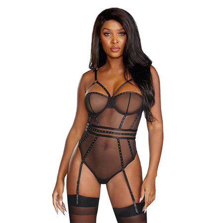 Sheer Stretch Mesh Snap Crotch Teddy With Removable Garters Black Medium Hanging - Casual Toys