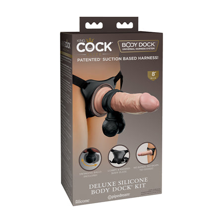 Pipedream King Cock Elite Deluxe Silicone Body Dock Kit With 8 in. Realistic Suction Cup Dildo & Swinging Balls Beige/Black
