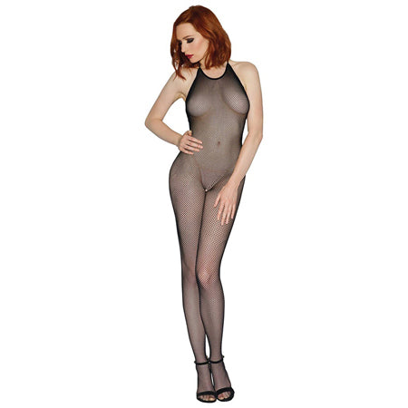 Dreamgirl Seamless Fishnet Bodystocking with Halter Neck, Open crotch and Low Back Black OS - Casual Toys