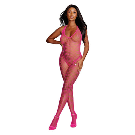 Dreamgirl Diamond-Net Halter Bodystocking With Open Crotch Neon Pink OS - Casual Toys