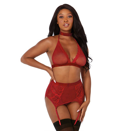 Dreamgirl Fishnet and Lace Four-piece Set with Stretch Velvet Trim Accents Garnet OS - Casual Toys