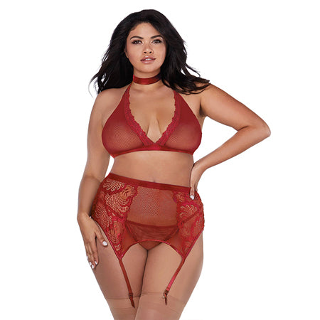 Dreamgirl Fishnet and Lace Four-piece Set with Stretch Velvet Trim Accents Garnet Queen - Casual Toys
