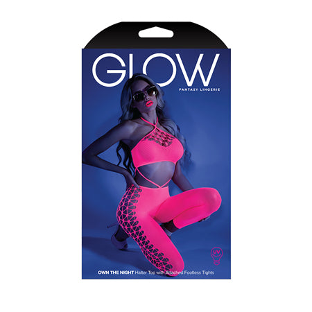 Fantasy Lingerie Glow Own The Night Cropped Cut-Out Halter Bodystocking Neon Pink O-S