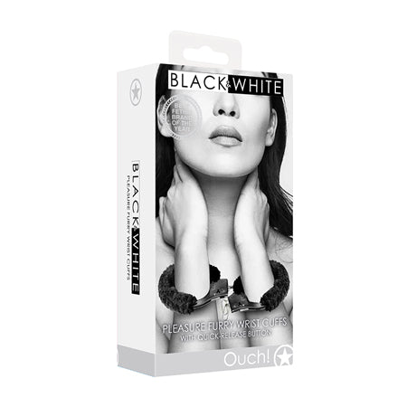 Ouch! Black & White Collection Beginner Pleasure Furry Wrist Cuffs With Quick-Release Button