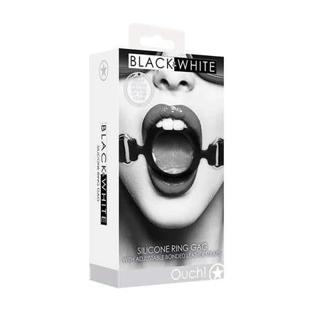Ouch! Black & White Collection Silicone Ring Gag With Adjustable Bonded Leather Straps Black