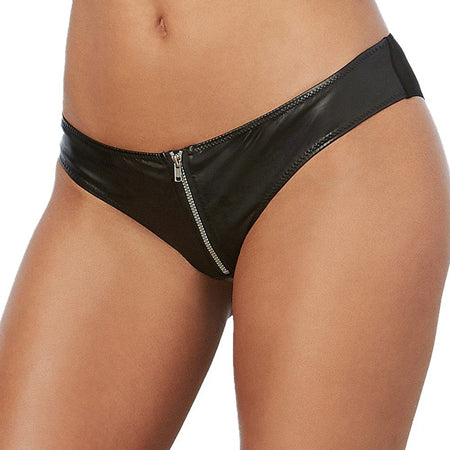 Dreamgirl Faux-Leather, Stretch-Knit Cheeky Panty with Zipper Front and Stretch Mesh Back Black S - Casual Toys