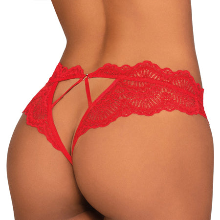 Dreamgirl Lace Tanga Open-Crotch Panty and Elastic Open Back Detail Red L