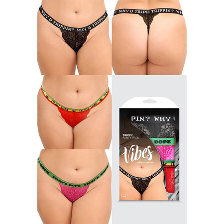 Fantasy Lingerie Vibes Trippy Vibes Pack 3-Piece Lace Thong Panty Set Black/Red/Pink Queen Size