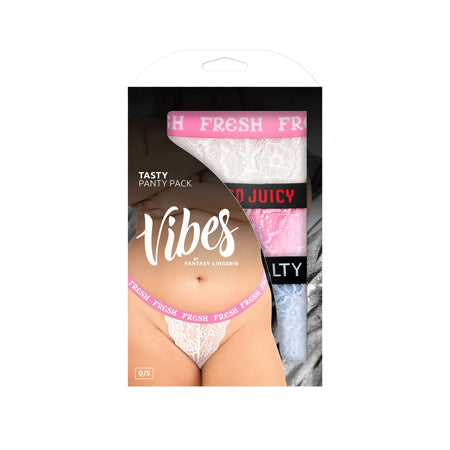 Fantasy Lingerie Vibes Tasty Vibes Pack 3-Piece Lace Thong Panty Set Blue/Pink/White Queen Size