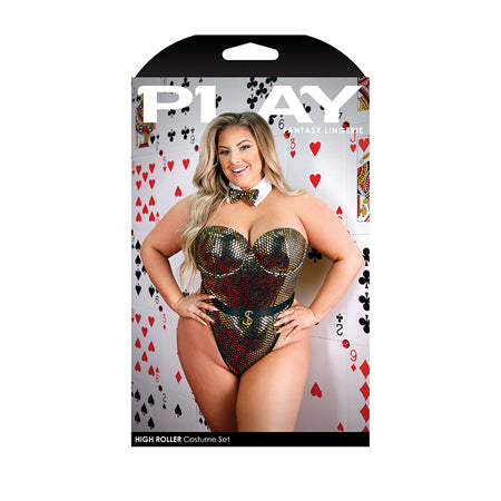 Fantasy Lingerie Play High Roller Costume Sequined Bodysuit With Molded Cups, Snap Closure, & Bowtie Collar Gold XL/2XL