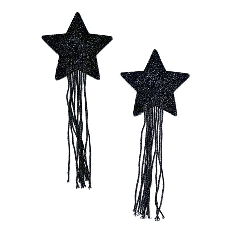 Tassel Pasties: Black Sparkle Star Pastease with Long Fringe Nipple Pasties