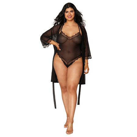Dreamgirl Mesh Robe & Strappy Back Teddy With Lace Trim Black 3XL Hanging