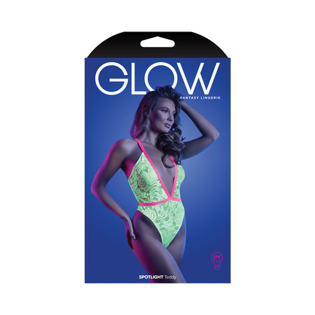 Fantasy Lingerie Glow Spotlight Contrast Elastic Lace Teddy with Snap Closure Neon Green M/L