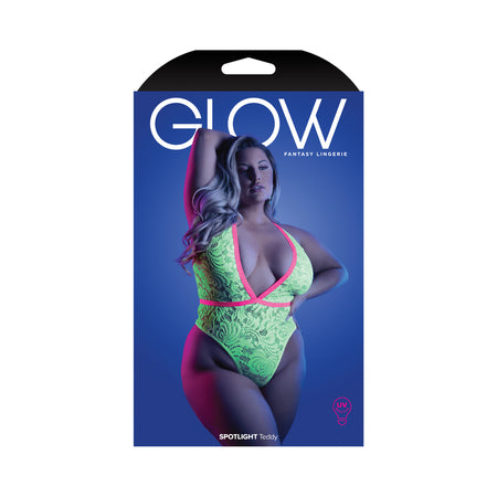 Fantasy Lingerie Glow Spotlight Contrast Elastic Lace Teddy with Snap Closure Neon Green Queen Size