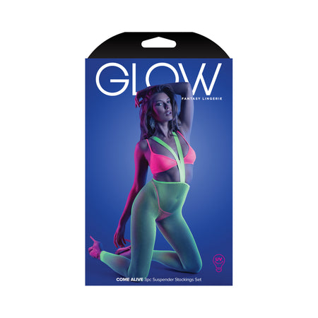 Fantasy Lingerie Glow Come Alive 3-Piece Bralette, G-String & Suspender Stockings Set Neon Green Queen Size