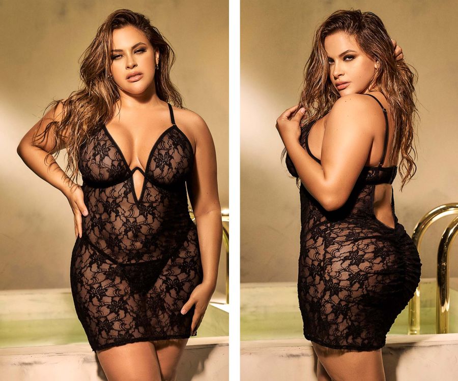 Plus Size Fitted Underwire Floral Lace Babydoll
